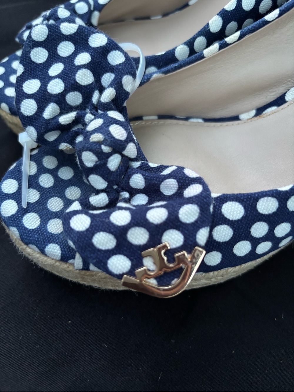 Tory Burch Navy and White Polka Dot Bow Peep-Toe Heels - Picture 2 of 13